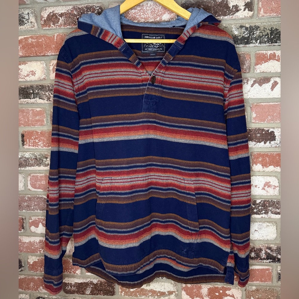 American Eagle Shirt Men's Large Long Sleeve Hoodie Shirt Striped Blue/Red/Brown